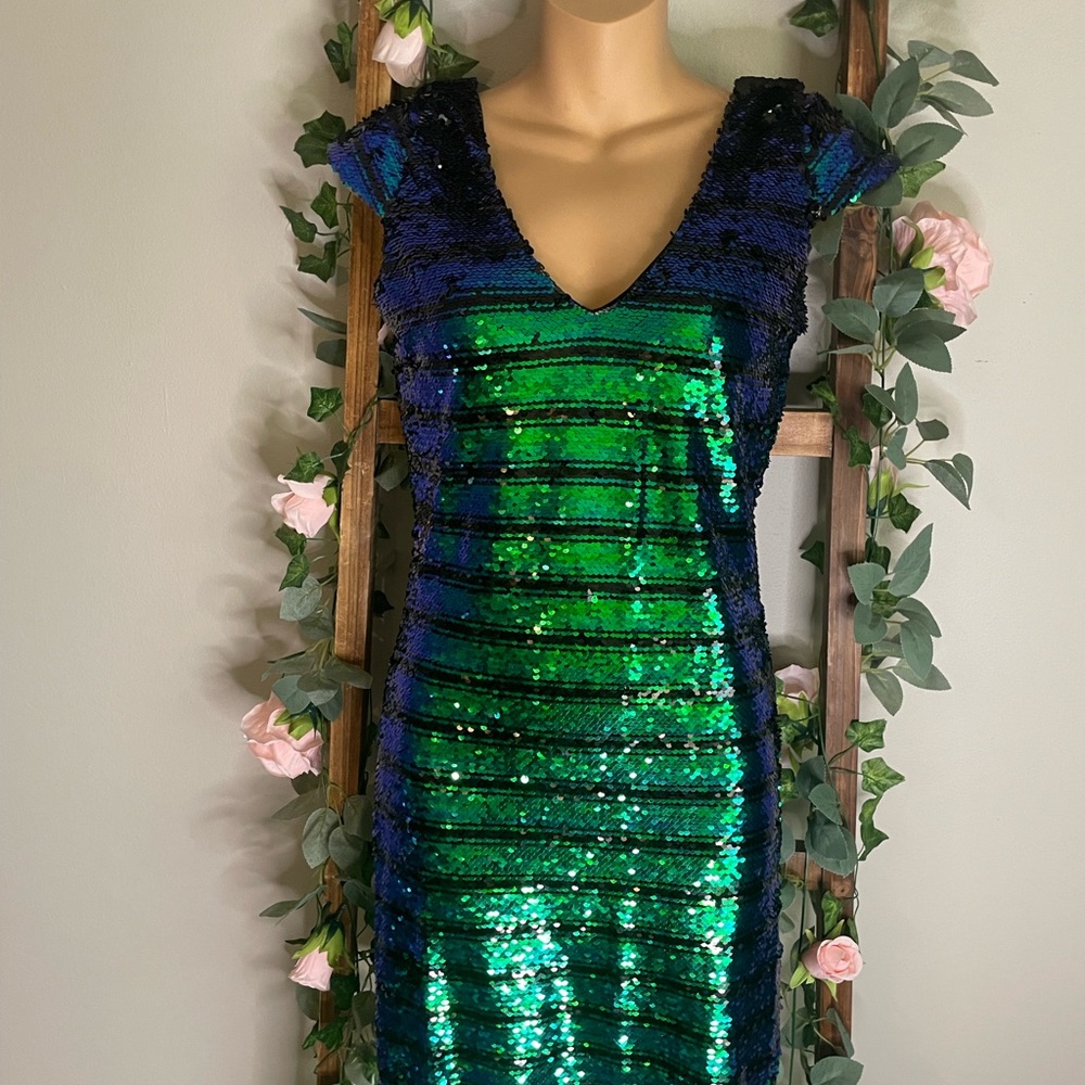 Sequined Stripe Cap Sleeve Low V Open Back Bodycon Swifty Lover Full Lined NWT